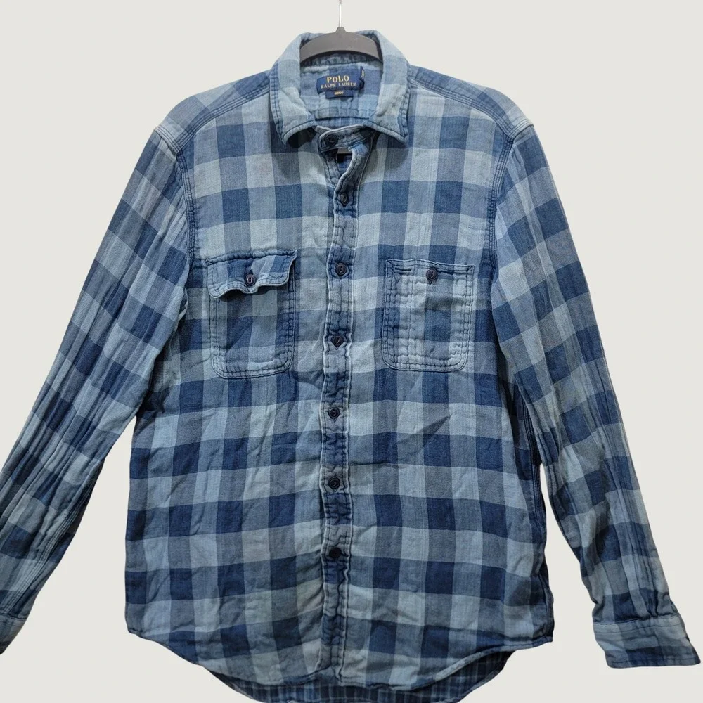 Polo Ralph‎ Lauren Indigo Blue Buffalo Plaid Double Face Flannel Shirt Mens M